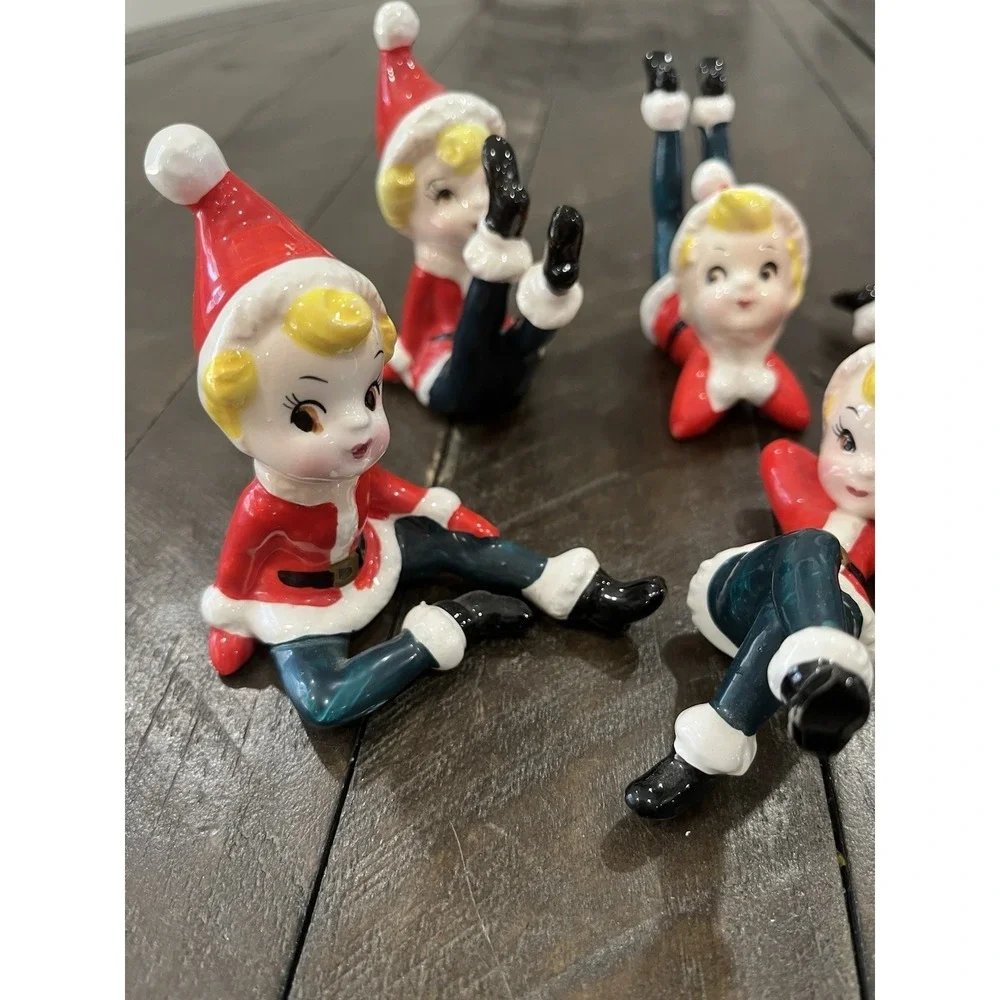 Complete Set of 6 Vintage Christmas Tumbling Elf Pixie Figurines Japan As‎ Is
